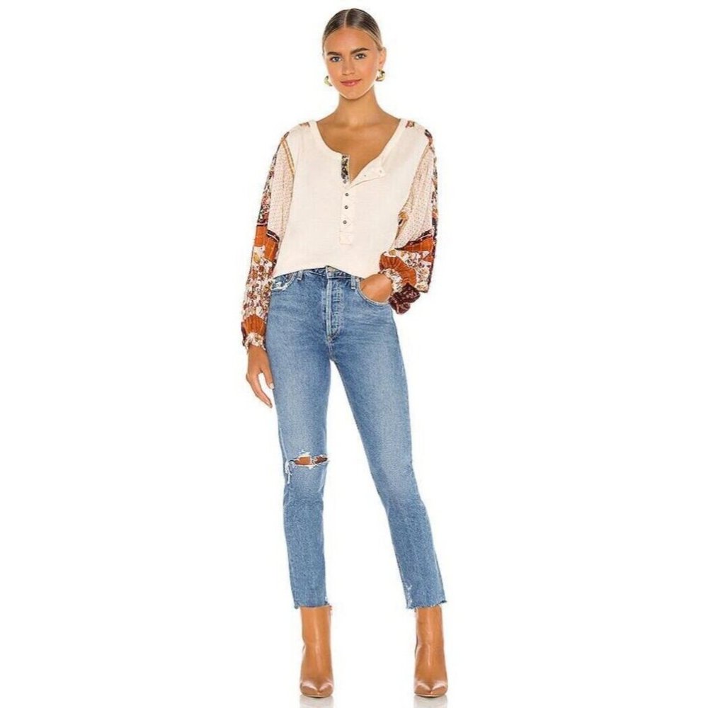 Free People Light Magic Henley Top Vanilla Creme Boho Floral - Picture 7 of 7
